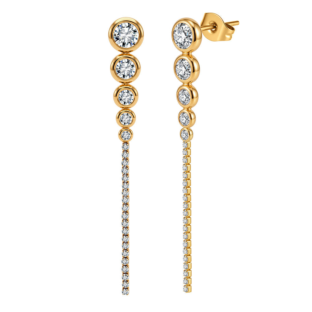 Gold Plated Stainless Steel Graduated Round CZ Long Tassel Dangle Earrings
