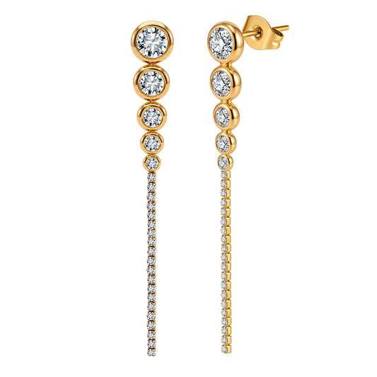 Gold Plated Stainless Steel Graduated Round CZ Long Tassel Dangle Earrings
