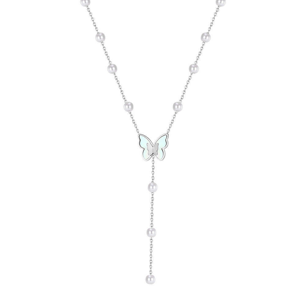 Silver Stainless Steel Y Drop Lariat Necklace, White Shell Inlay Butterfly Charm with Station White Pearl Beads