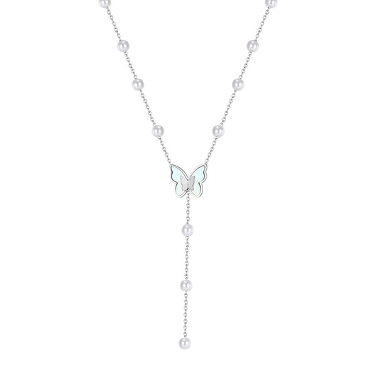 Silver Stainless Steel Y Drop Lariat Necklace, White Shell Inlay Butterfly Charm with Station White Pearl Beads