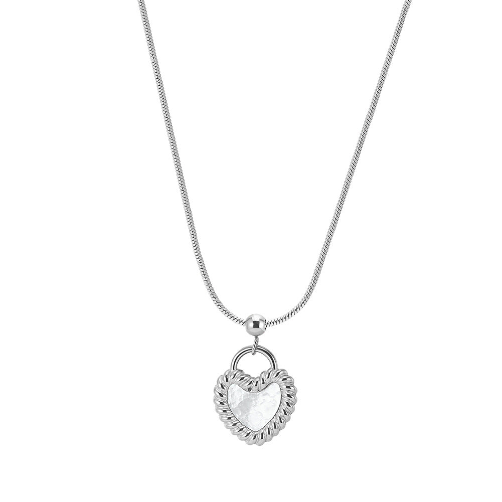 Silver Stainless Steel Snake Chain Necklace, Twisted Rope Edge Heart Lock Pendant with White Mother of Pearl Inlay