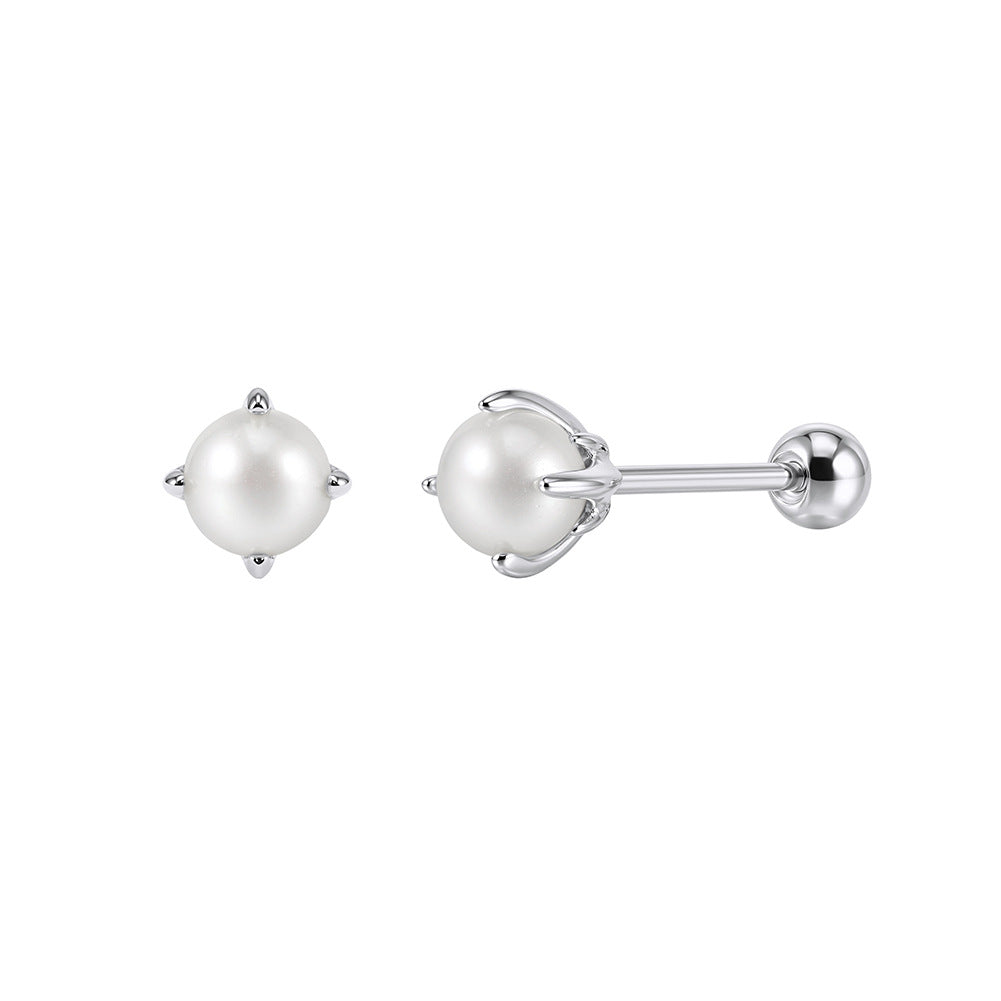 S925 Sterling Silver Gold Plated 4-Prong Round Freshwater Pearl Screw Back Stud Earrings, Simple Solid Gold Tone Pearl Ear Studs