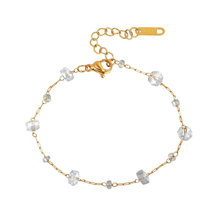 Gold Plated Stainless Steel Dainty Bracelet, Clear Faceted Crystal Beads Thin Paperclip Chain, Adjustable Extension