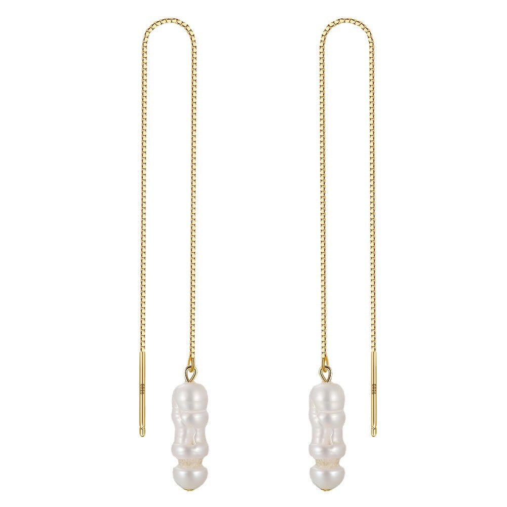 S925 Sterling Silver Threader Stacked Baroque Pearl Earrings, Unique Sculptural Irregular Baroque Freshwater Pearl on Slim Box Chain Threader