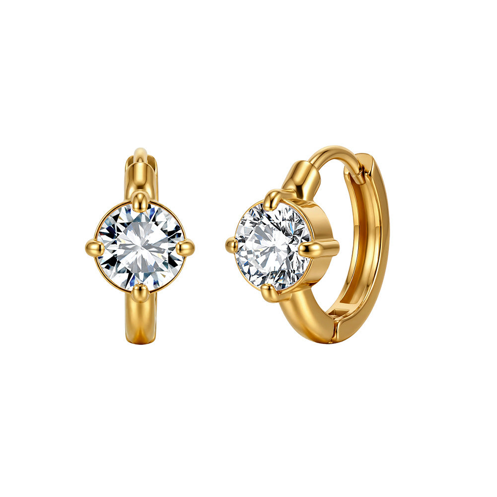 Gold Plated Stainless Steel Round Cubic Zirconia Four Prong Huggie Hoop Earrings