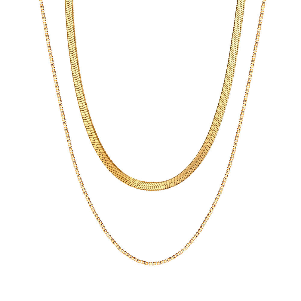Gold Stainless Steel Layered Necklace, Double Stacked Herringbone & Box Chain Two Layer Choker Necklace