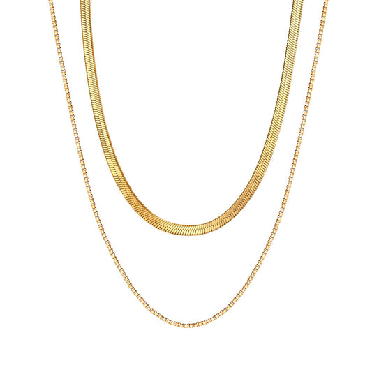 Gold Stainless Steel Layered Necklace, Double Stacked Herringbone & Box Chain Two Layer Choker Necklace