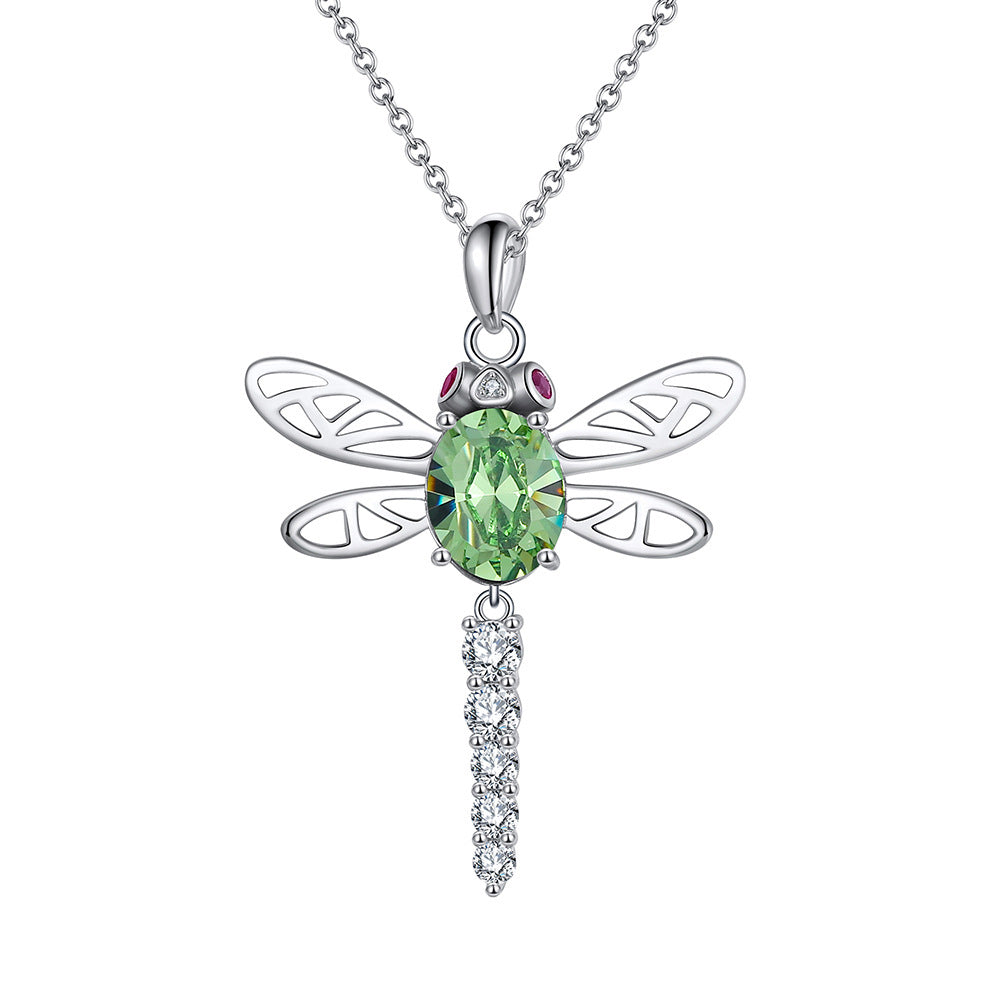 Silver Stainless Steel Dragonfly Pendant Necklace, Oval Green CZ Hollow Wing Dragonfly with Paved CZ Tail