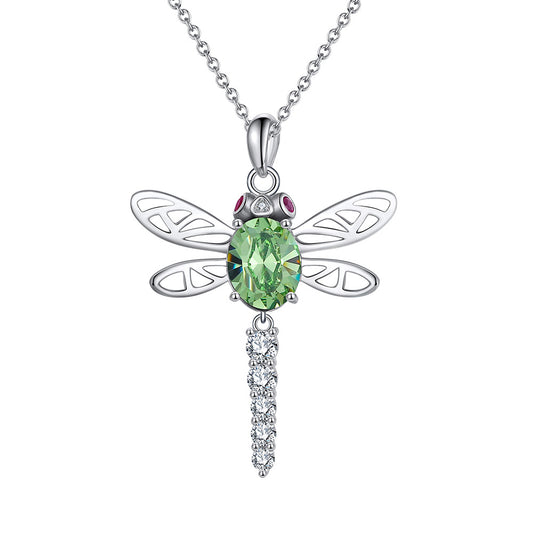 Silver Stainless Steel Dragonfly Pendant Necklace, Oval Green CZ Hollow Wing Dragonfly with Paved CZ Tail