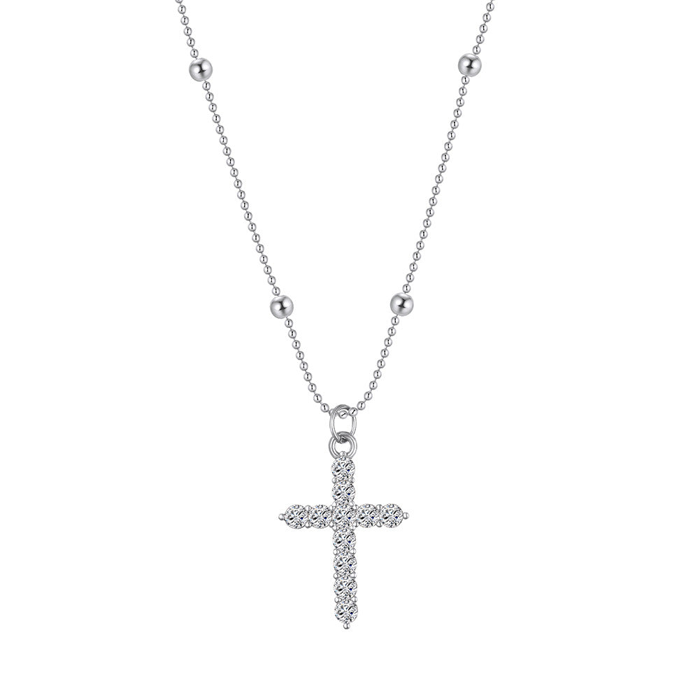 Silver Stainless Steel Paved CZ Cross Pendant Necklace, Ball Bead Satellite Chain Full Crystal Cross Charm Necklace