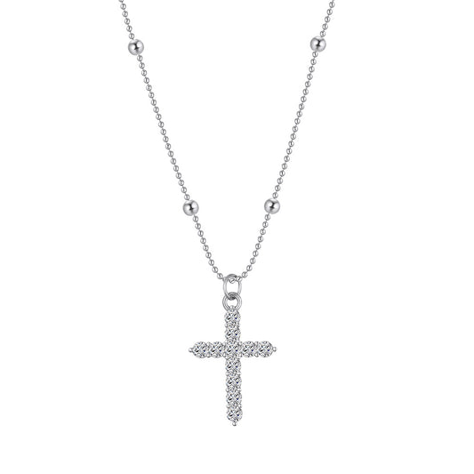 Silver Stainless Steel Paved CZ Cross Pendant Necklace, Ball Bead Satellite Chain Full Crystal Cross Charm Necklace