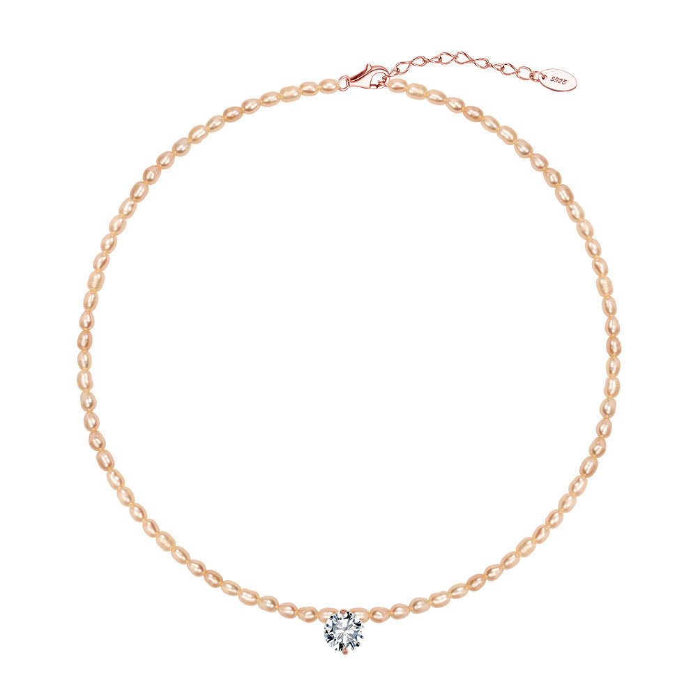 Champagne Rice Freshwater Pearl Choker Necklace, Lustrous Pale Peach Mini Pearls with Solitaire Cubic Zirconia Rose Gold Chain