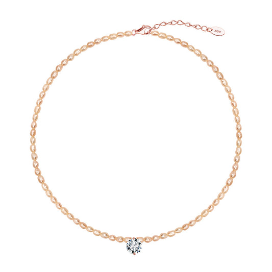 Champagne Rice Freshwater Pearl Choker Necklace, Lustrous Pale Peach Mini Pearls with Solitaire Cubic Zirconia Rose Gold Chain