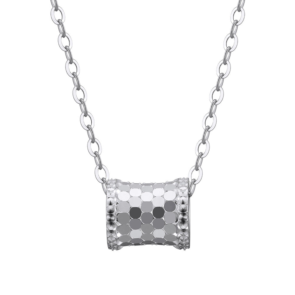Silver Stainless Steel Honeycomb Textured Barrel Pendant Necklace, Large Hexagon Pattern Cylinder Bead Oval Link Chain