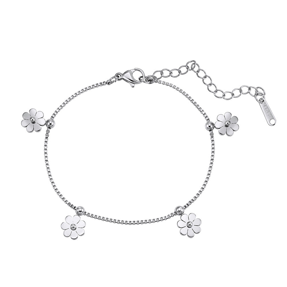 Silver Stainless Steel Daisy Flower Bracelet, 4 Daisy Charms & Spacer Beads, Box Chain Adjustable Bracelet