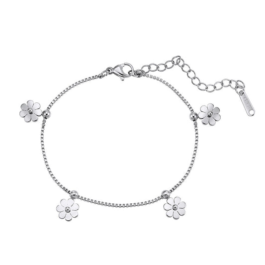 Silver Stainless Steel Daisy Flower Bracelet, 4 Daisy Charms & Spacer Beads, Box Chain Adjustable Bracelet