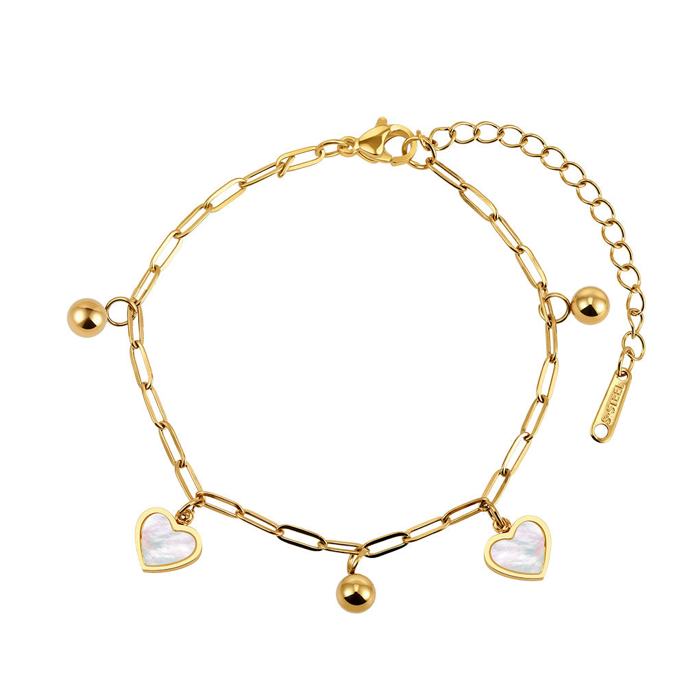 Gold Plated Stainless Steel Paperclip Chain Heart Bracelet, 2 White Mother of Pearl Heart Charms & Shiny Round Metal Beads