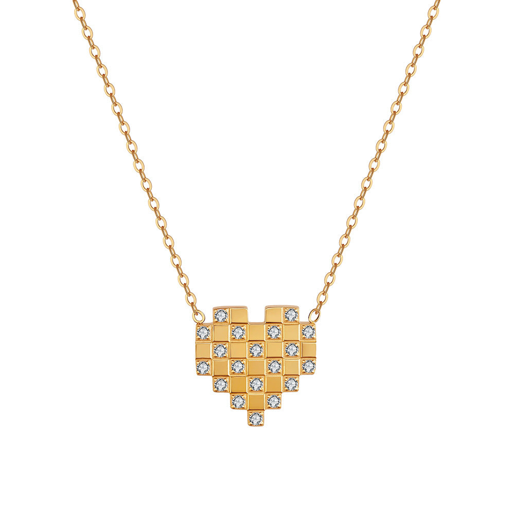 Gold Stainless Steel Pixel Heart Necklace, Mosaic Square Heart Pendant Inlaid with Round Clear CZ Stones, Thin Rolo Chain