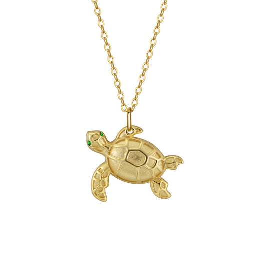 Gold Stainless Steel Sea Turtle Pendant Necklace, Textured Tortoise Charm with Green CZ Eyes on Thin Rolo Cable Chain