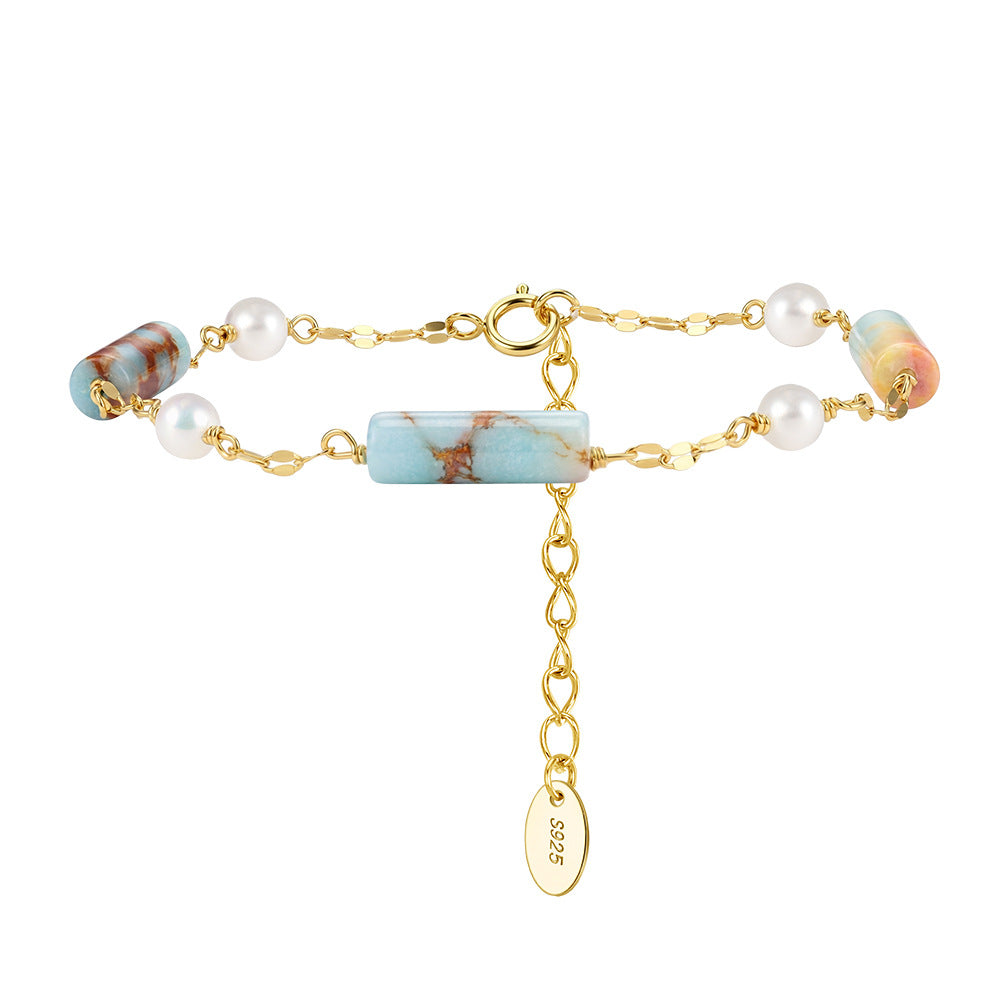 S925 Gold Plated Chain Bracelet, Lustrous Round Freshwater Pearls paired with Natural Striped Cylinder Gemstone Beads, Dainty Flat Chain, Adjustable Extension Chain