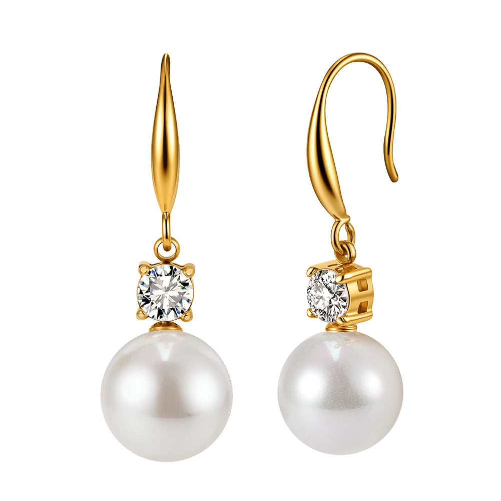 Gold Plated Stainless Steel Teardrop Hook Earrings with Round CZ and Big Imitation Pearl