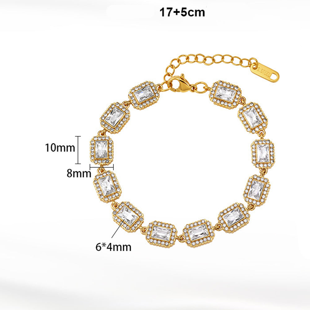 Stainless Steel Rectangle CZ Halo Link Bracelet, Emerald Cut Clear Cubic Zirconia Station Adjustable Bracelet
