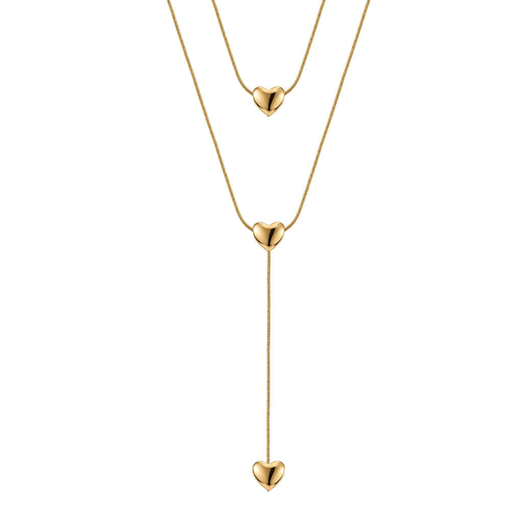 Gold Stainless Steel Multi Layer Y Shape Heart Lariat Necklace, Three Polished Solid Heart Pendants, Slim Snake Chain