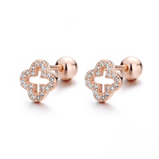 925 Sterling Silver Lucky Flower Screw Back Stud Earrings