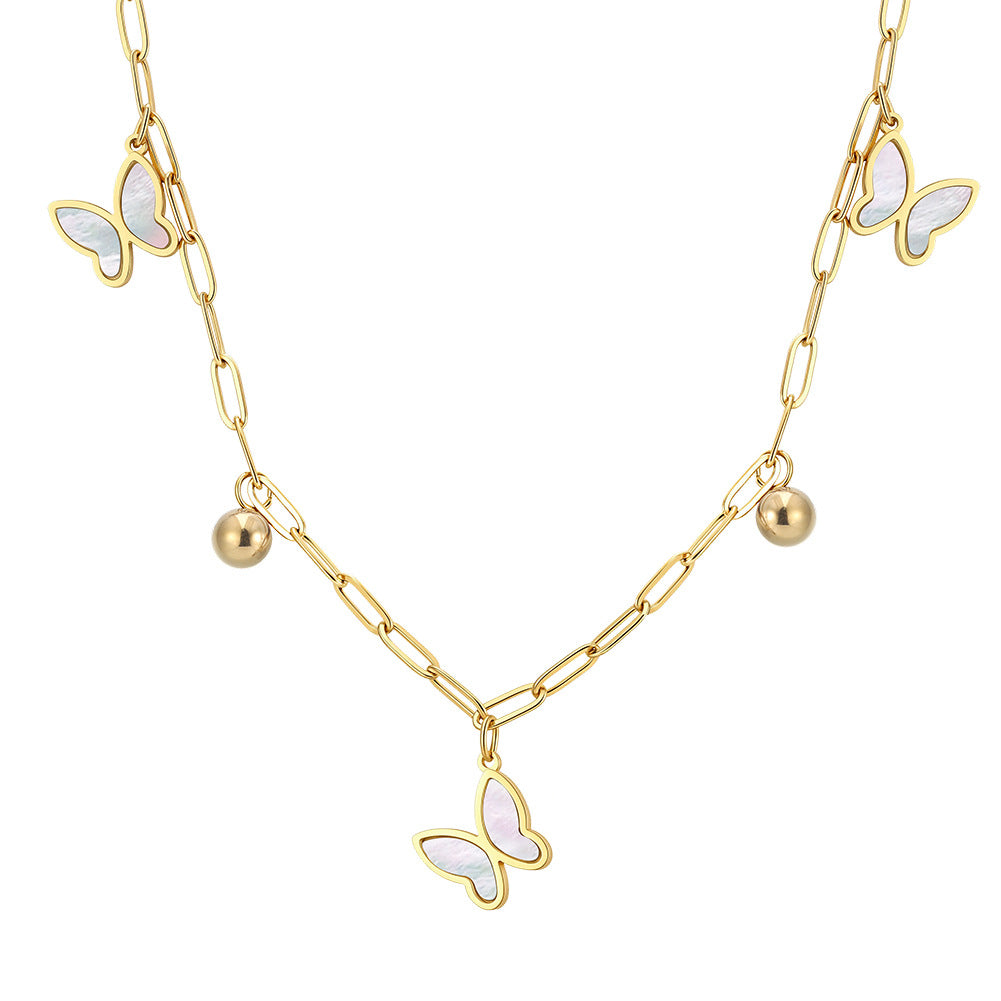 Gold Stainless Steel Butterfly Paperclip Chain Necklace, White Mother of Pearl Butterfly Pendants with Round Metal Ball Charms