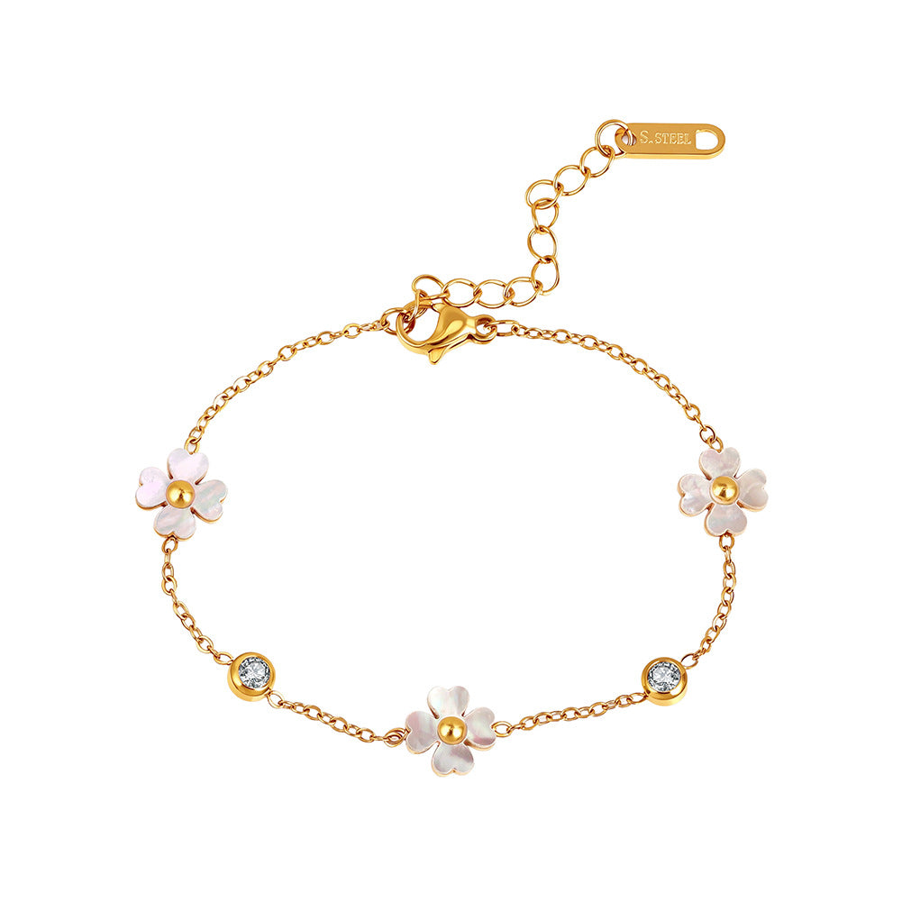 Gold Plated Stainless Steel Floral Bracelet, White Shell Flower Charms with CZ Accent Stones, Dainty Thin Chain, Adjustable
