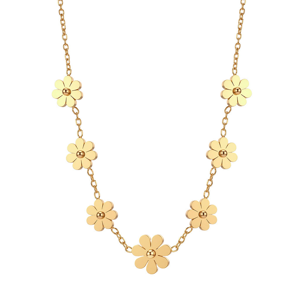 Gold Stainless Steel Daisy Station Necklace, Seven Daisy Flower Charms with Round Bead Center, Dainty Rolo Chain