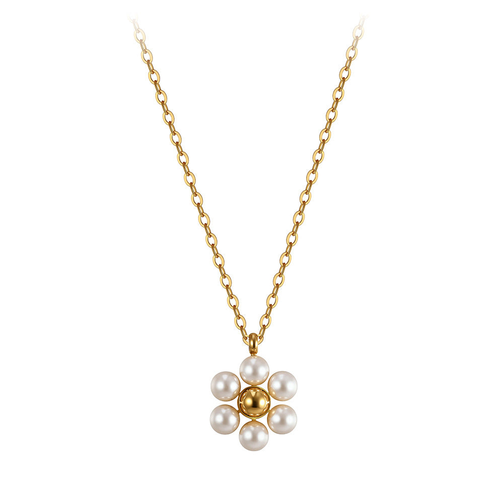 Gold Stainless Steel Pearl Daisy Pendant Necklace, Six White Pearl Flower Charm Cable Chain Necklace