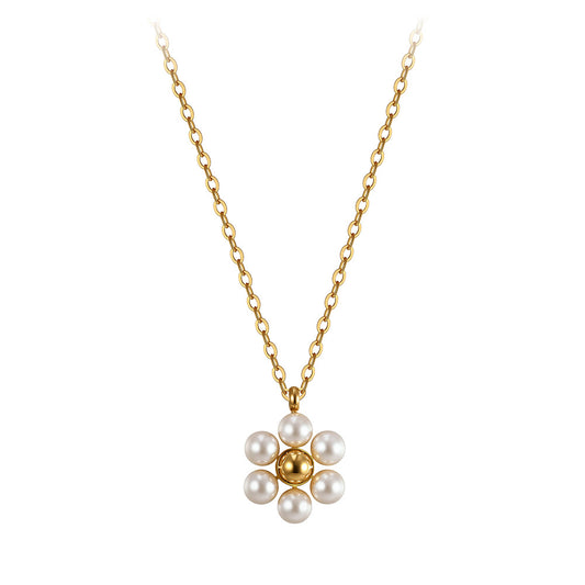 Gold Stainless Steel Pearl Daisy Pendant Necklace, Six White Pearl Flower Charm Cable Chain Necklace