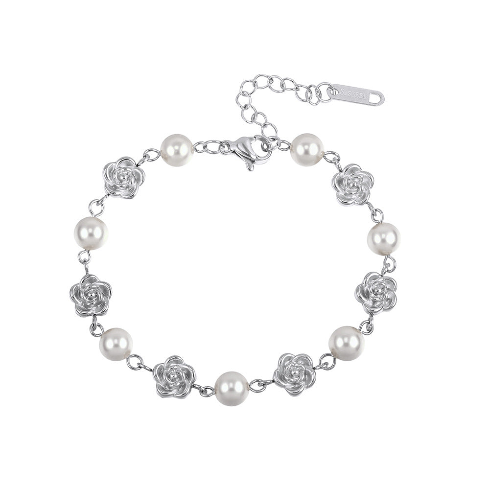 Silver Stainless Steel Rose & Imitation Pearl Bracelet, 3D Metal Rose Charms Alternating with Round Pearls, Adjustable