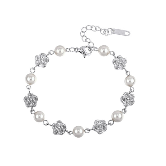 Silver Stainless Steel Rose & Imitation Pearl Bracelet, 3D Metal Rose Charms Alternating with Round Pearls, Adjustable