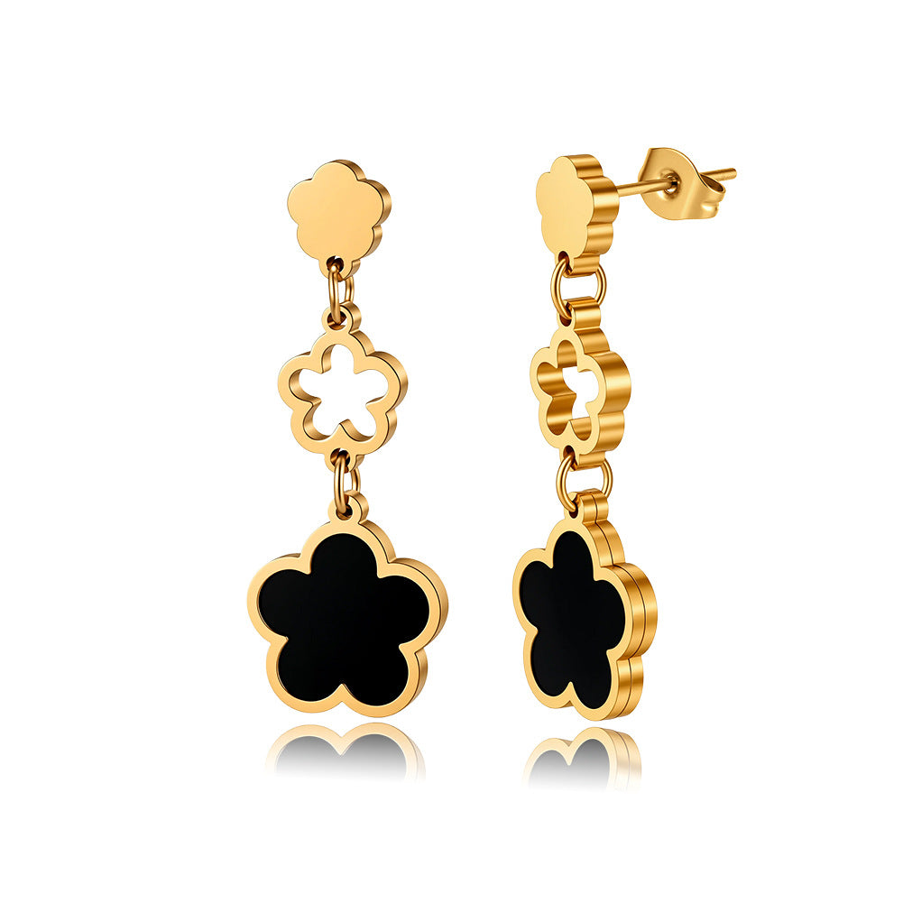 Gold Plated Stainless Steel Triple Clover Drop Earrings with Black Enamel Inlay