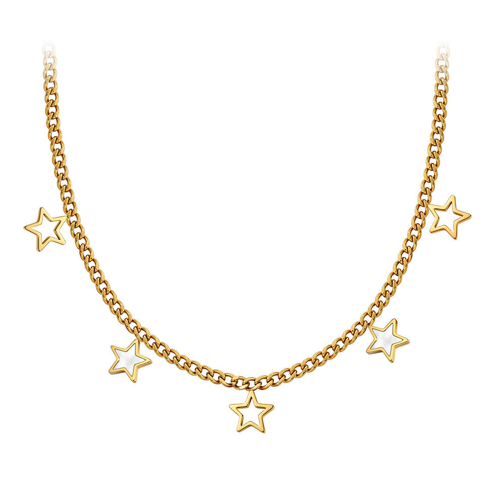 Gold Stainless Steel Cuban Star Choker, Hollow Outline Star & White Mother of Pearl Inlaid Star Dangling Charms
