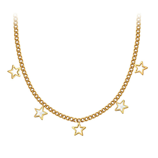 Gold Stainless Steel Cuban Star Choker, Hollow Outline Star & White Mother of Pearl Inlaid Star Dangling Charms