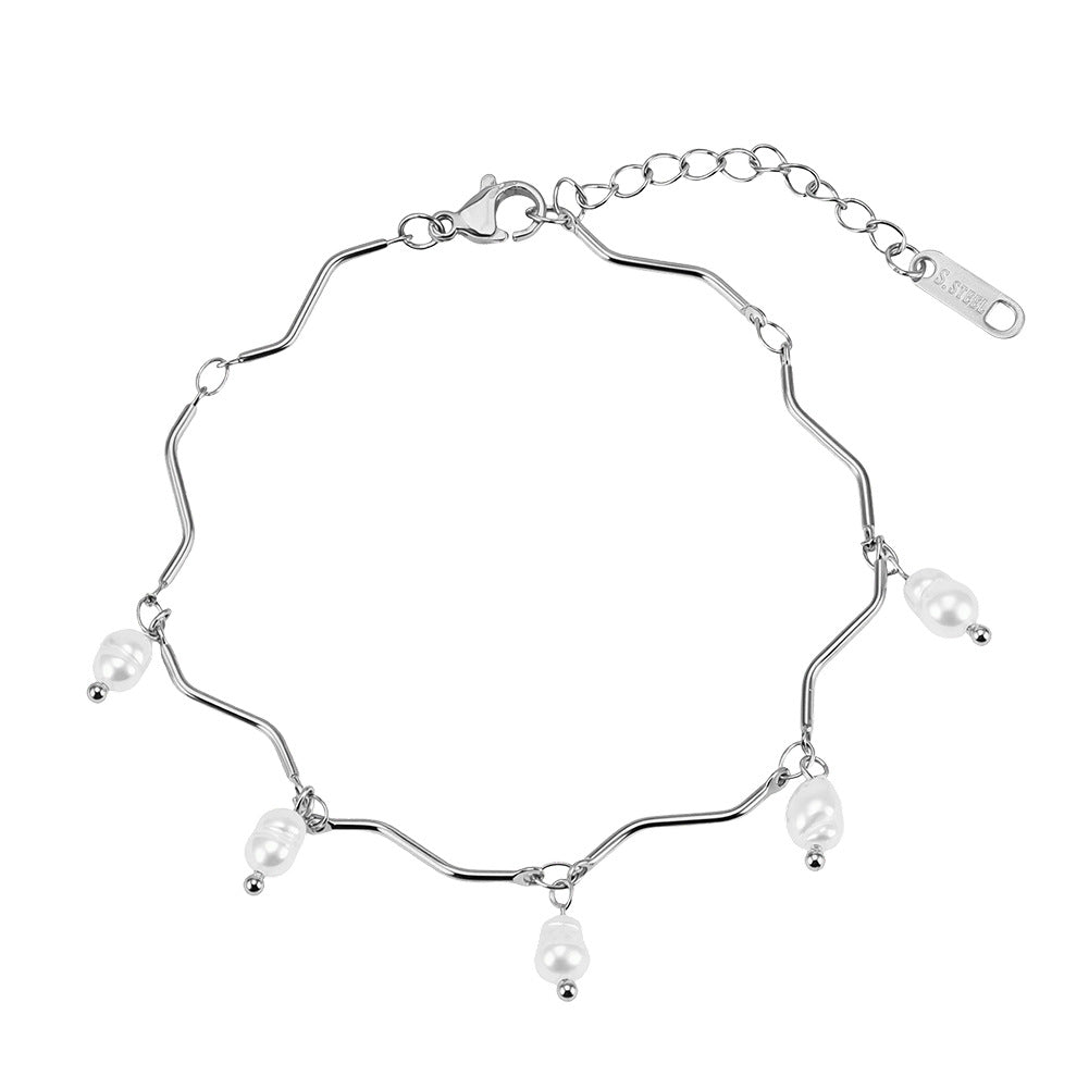 Silver Stainless Steel Wavy Tube Chain Bracelet, Dangling Baroque Imitation Pearl Charms, Adjustable Extension