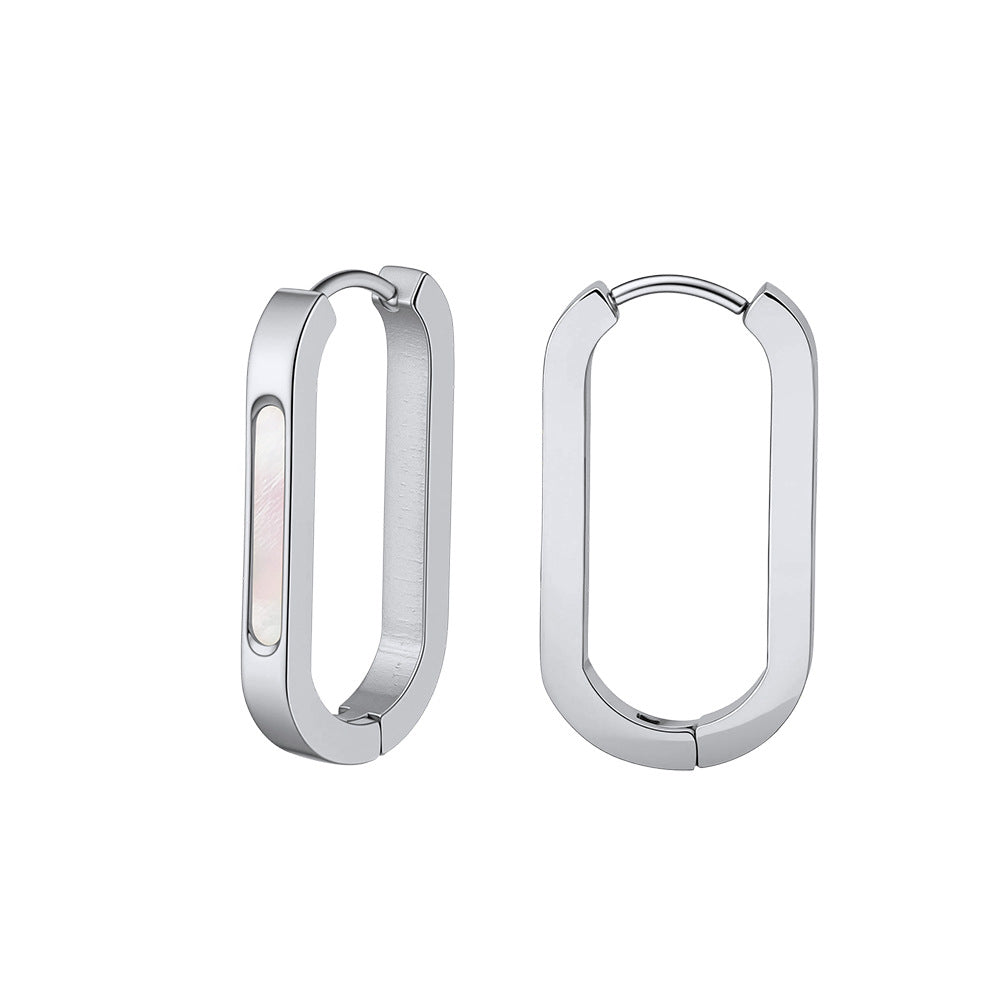 Silver Stainless Steel Rectangular U-Shape Hoop Earrings with Mother of Pearl Inlay