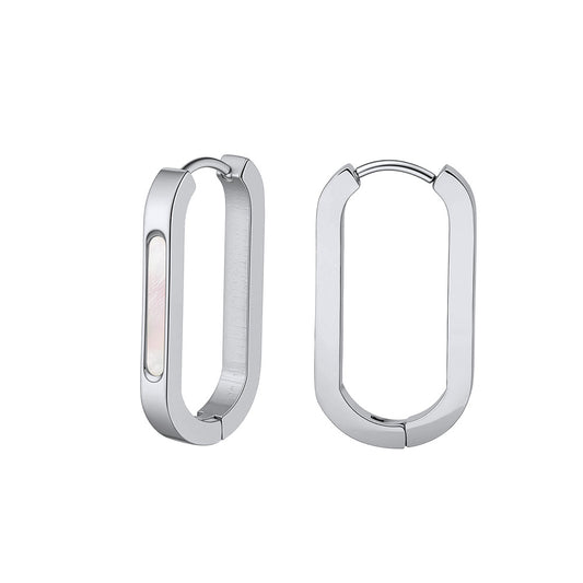 Silver Stainless Steel Rectangular U-Shape Hoop Earrings with Mother of Pearl Inlay