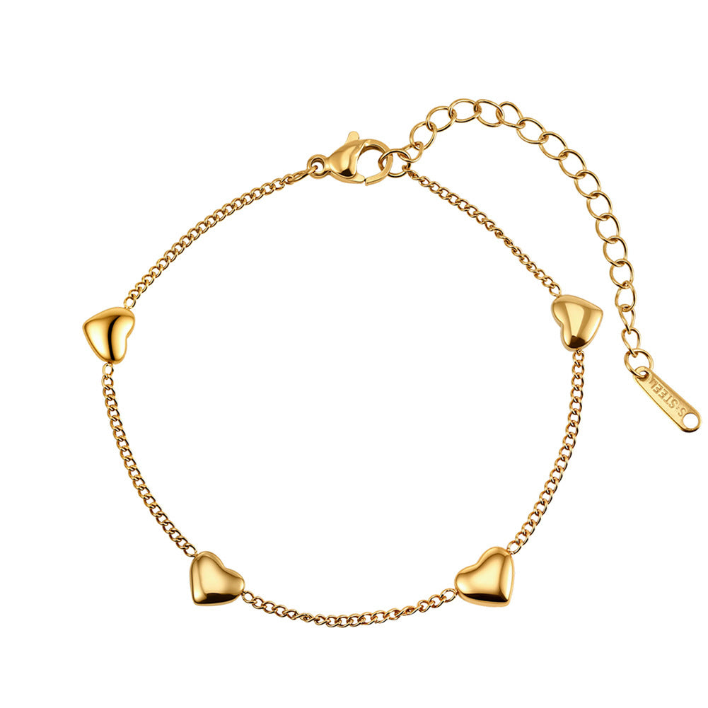 Gold Plated Stainless Steel Multi Puffy Heart Bracelet, 4 Smooth 3D Heart Charms on Thin Cable Chain