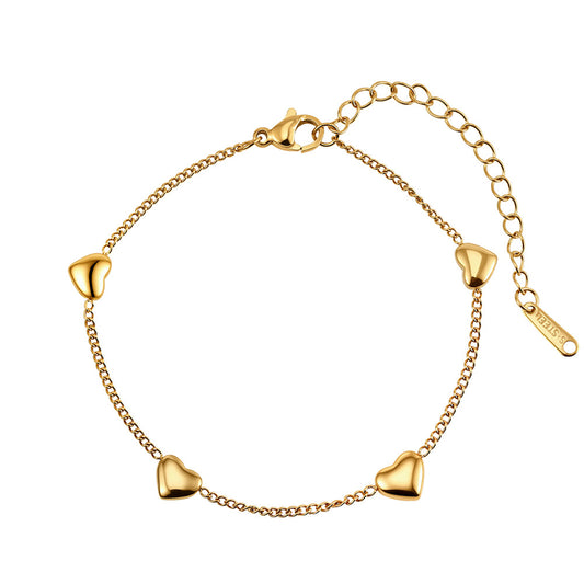 Gold Plated Stainless Steel Multi Puffy Heart Bracelet, 4 Smooth 3D Heart Charms on Thin Cable Chain