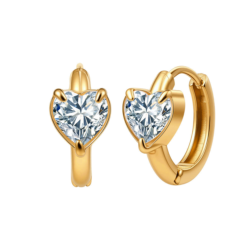 Gold Plated Stainless Steel Solitaire Heart CZ Huggie Hoop Earrings