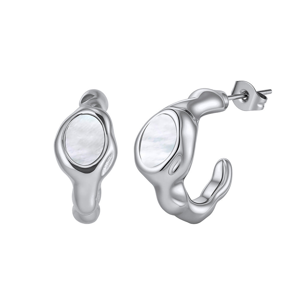 Silver Stainless Steel Irregular Organic Shape Stud Earrings with Mother of Pearl Inlay