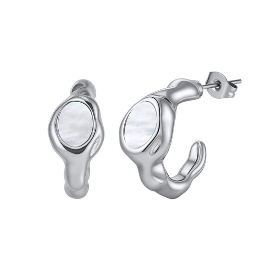 Silver Stainless Steel Irregular Organic Shape Stud Earrings with Mother of Pearl Inlay