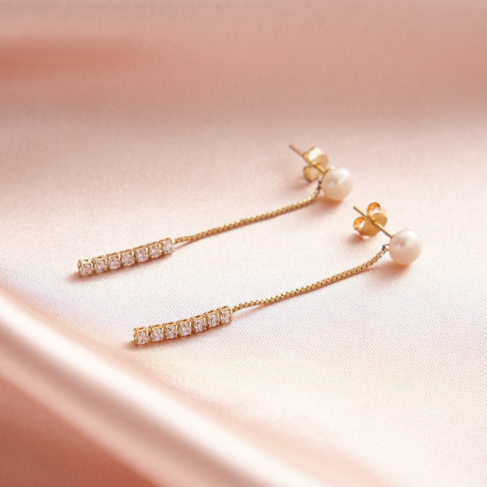 S925 Gold Plated Long Box Chain Pearl Threader Earrings, Single Large Round Lustrous Freshwater Pearl with Vertical CZ Drop Tassel
