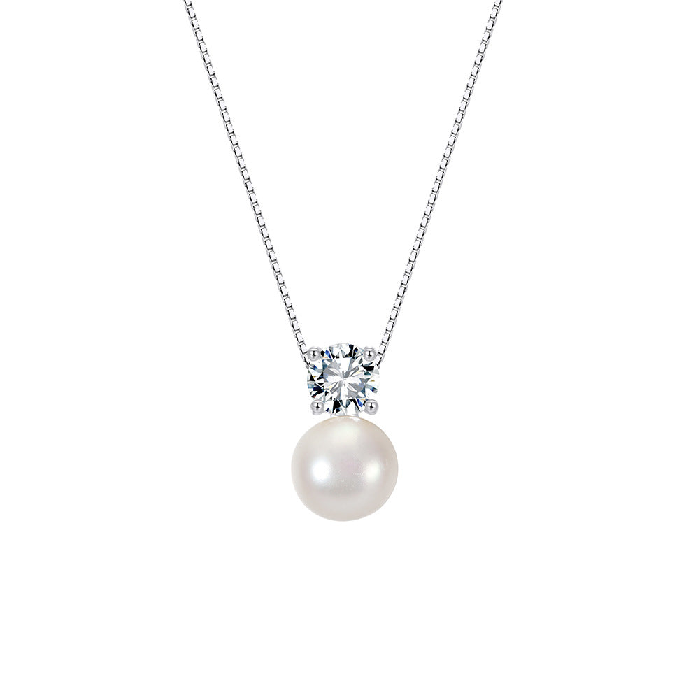 Single Large Round Lustrous Freshwater Pearl Pendant Necklace, White Cultured Pearl with Round Cubic Zirconia Top S925 Silver Box Chain