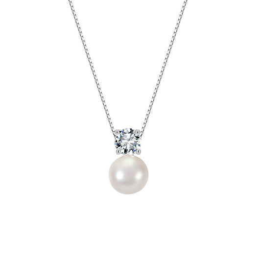 Single Large Round Lustrous Freshwater Pearl Pendant Necklace, White Cultured Pearl with Round Cubic Zirconia Top S925 Silver Box Chain