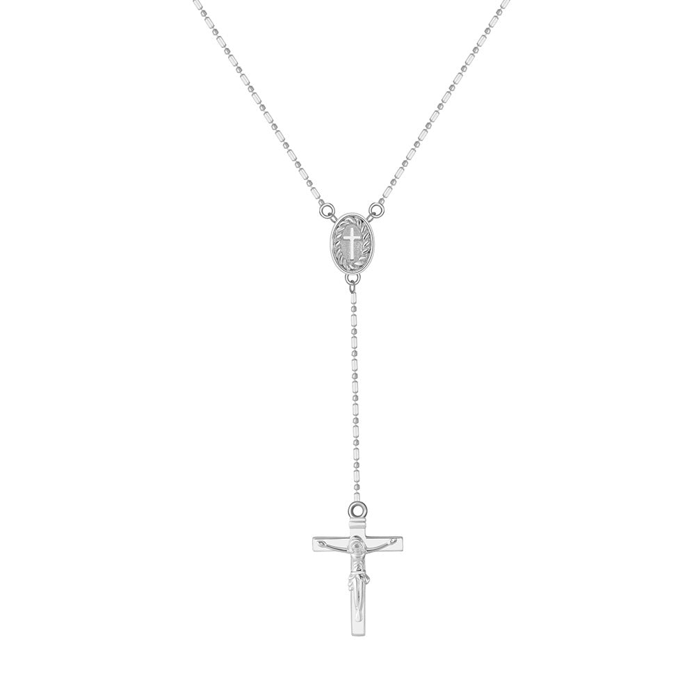 Gold Stainless Steel Rosary Y Lariat Necklace, Beaded Ball Chain with Oval Virgin Mary Medal and Jesus Crucifix Cross Pendant